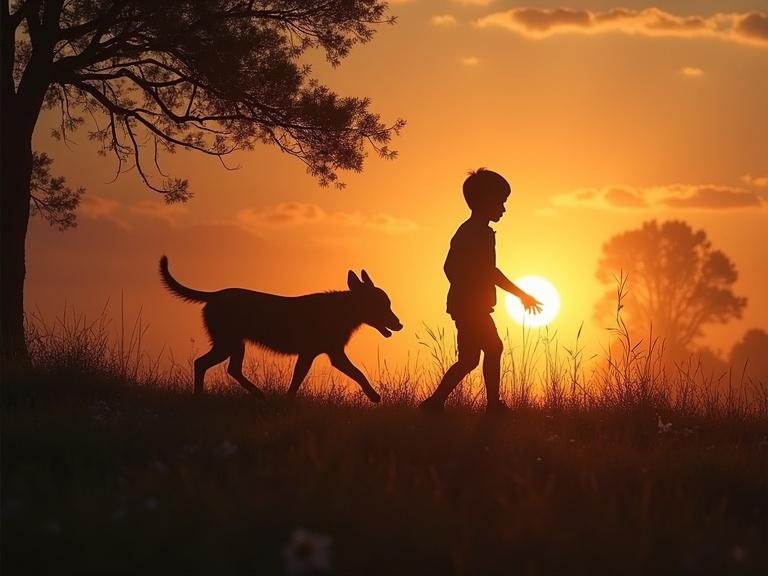 A child and a dog walking together during sunset. The scene captures silhouettes against a warm, glowing backdrop. Grass and trees are present, highlighting the serene outdoor setting.