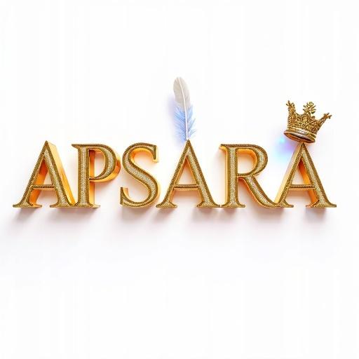 3D digital artwork featuring luxury and sophistication. Gold letters displaying the name APSARA. Royal crown and delicate feather included. Letters shimmer like diamonds. Warm blue light emanates from within. Solid white background enhances typography.