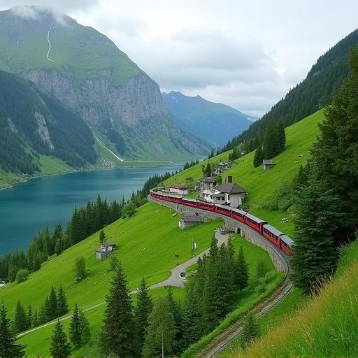Panoramic train in Flåm, Norway. Train travels through green hills with a lake in the background. Scenic mountains surround the area.