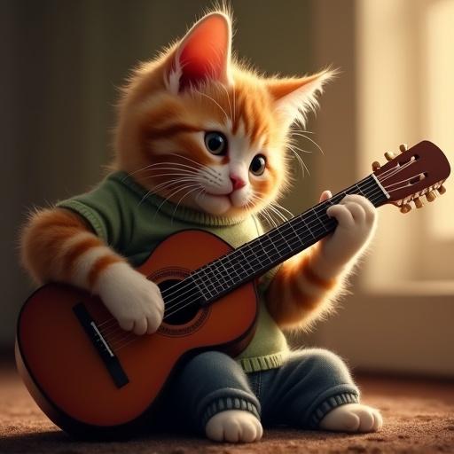 Cat playing guitar in a cozy setting. The cat has orange fur, wearing a green sweater. Sitting on the floor and strumming a small guitar. Warm lighting enhances the charm of the scene.