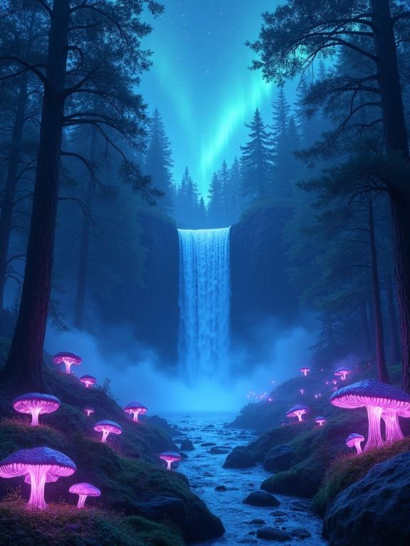 Serene forest with glowing blue and purple fungi. Mist drifts between ancient trees. Waterfall flows upwards. Sky filled with aurora borealis. Fantasy art style.