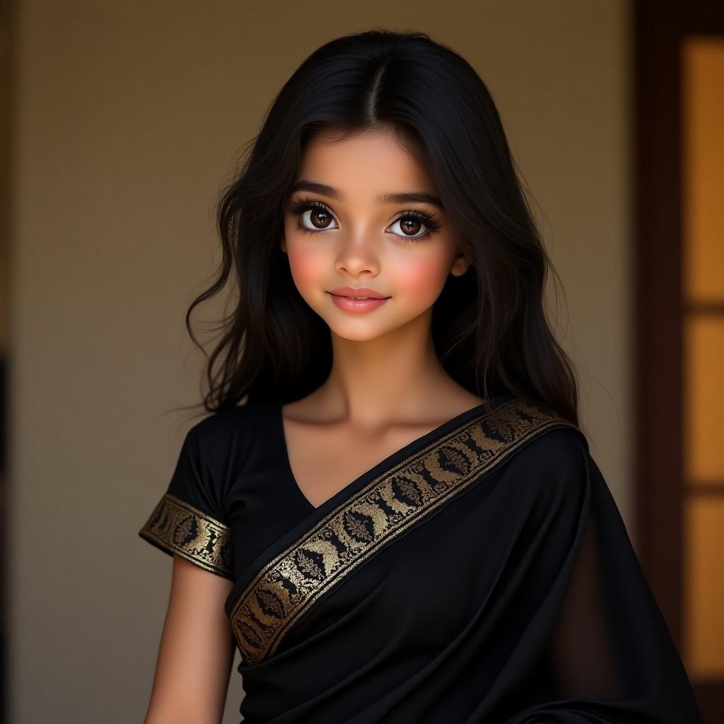 Indian girl wearing a black saree with gold details. She has long black hair and big eyelashes.