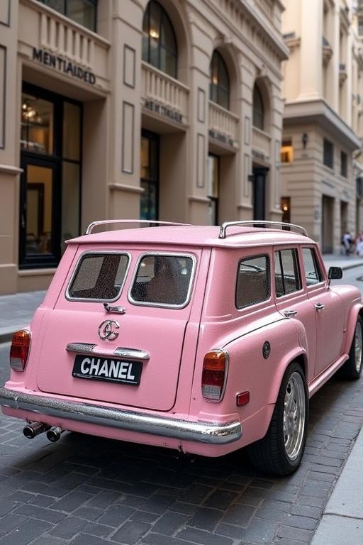 A very light pink car branded with Chanel on the door and 'Flower Shop Dubai' at the bottom on Dubai streets. A G Wagon styled car is prominently shown.