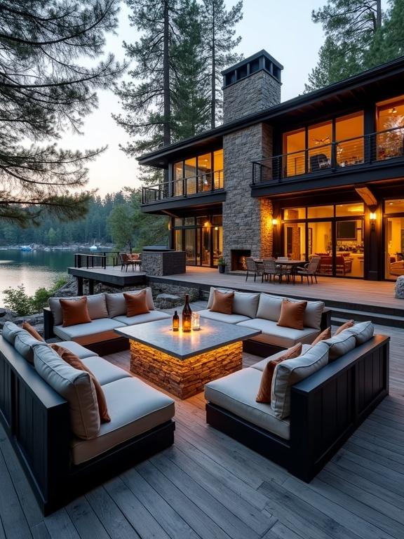 Modern cabin-style home by a forested lake in early evening. Focus on outdoor deck lounge area with square dining table featuring stacked stone base. Cozy outdoor sofas and chairs are present. Natural wood deck enhances rustic charm. House made from stone and wood with large windows reflecting the warm interior light. Surrounding nature includes tall trees and calm water.