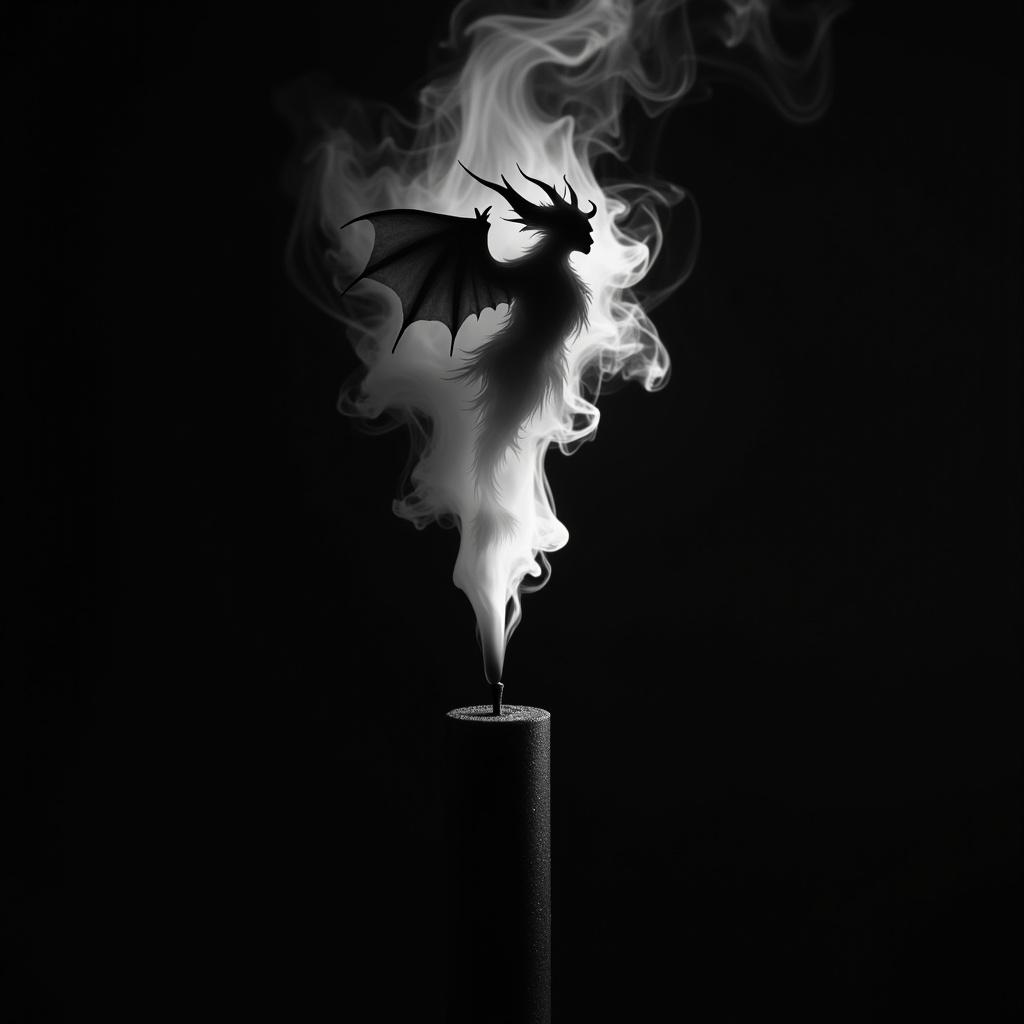 Side view of a black candle. A silhouette of a demon flies above it. Demon is made of thick white neon smoke. Dark background emphasizes weightlessness and minimalism.