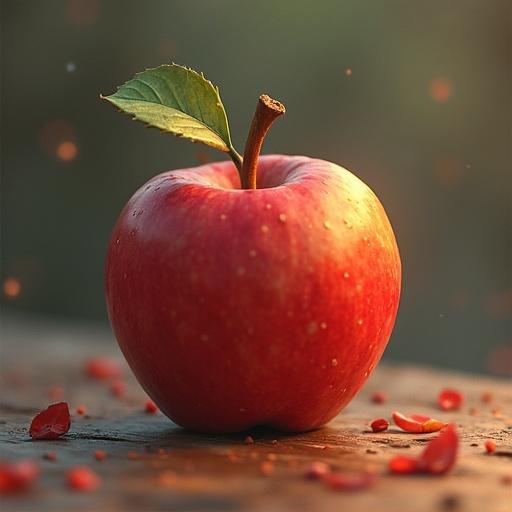 Red apple sitting on a wooden table with a green leaf on top. The background has a soft bokeh effect with floating particles. The apple looks fresh and inviting.
