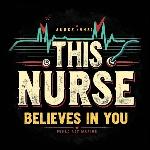 Graphic design features a retro style with the text 'THIS' stacked on 'NURSE' in muted colors. Stylized stethoscope and heartbeat line above text culminating in a heart shape. 'BELIEVES IN YOU' written below in a distressed look. Overall vintage appearance with a slightly worn aesthetic.