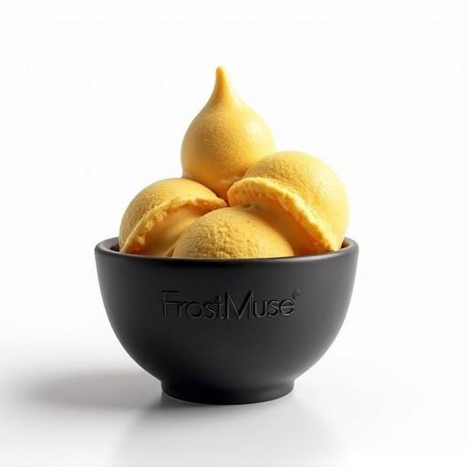 A luxurious golden ice cream scoop placed in a matte black bowl. The bowl has the brand name FrostMuse embossed. The background is white. Soft shadows are present. Typography overlay says 'Indulge in Gold – New Limited Flavor.'