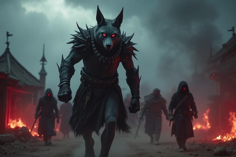 A cinematic ultra-HD scene set at Chandrapur’s gates under a dark sky. A massive gray jackal with glowing red eyes leads hooded shadow warriors in black cloaks. The warriors wield jagged weapons. Kalnemi wears black armor with a bone necklace. Dark smoke swirls around him. The village chaos includes burning red torches and debris. The scene uses bright reds, blacks, and grays for a menacing feel with hyper-detailed textures emphasizing threat.