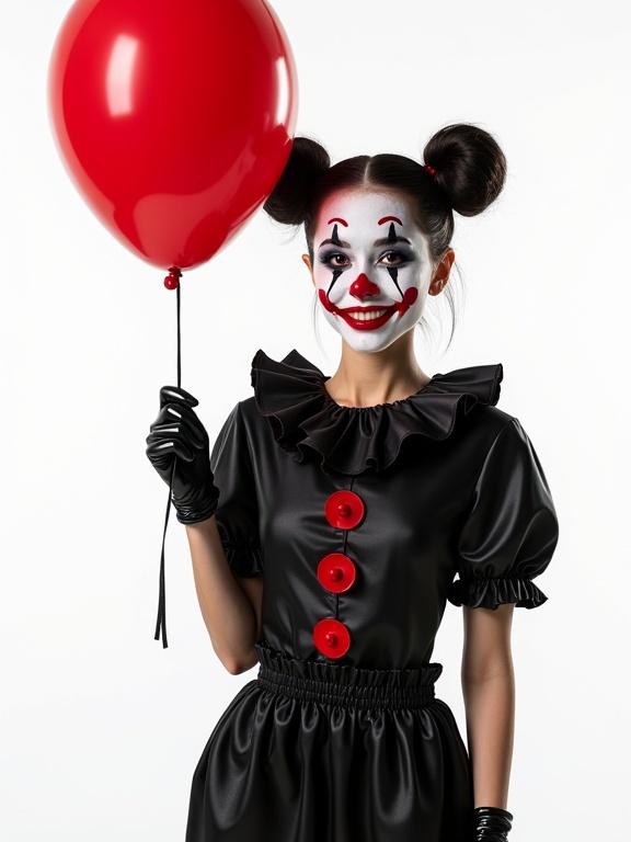A young female clown dressed in a shiny black outfit with red buttons. She has black gloves and face paint in white, black, and red. Holding a red balloon, she smiles. Her hair is styled in short dark pigtails. The background is white.
