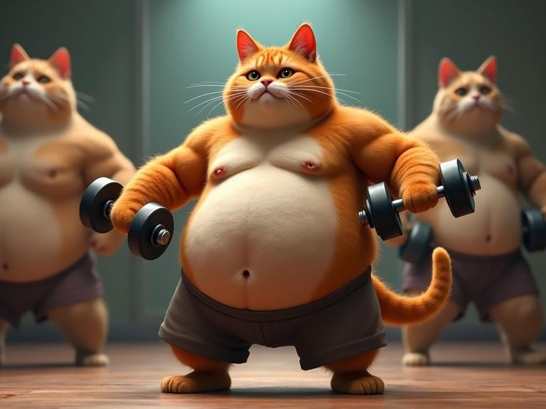 A cartoon depicting a chubby cat in gym clothes lifting small dumbbells. Other fit cats are in the background. Scene evokes humor and motivation. Bright colors and cheerful lighting.