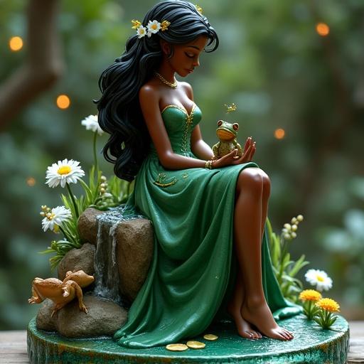 Resin figurine portrays Tiana in an elegant version. She sits on a rock surrounded by wildflowers. Wears an emerald green dress with a deep slit. Holding a golden toad. Base features sculpted water and a waterfall. Atmosphere is nocturnal with soft lights and fireflies. Detailed, realistic collectible style.