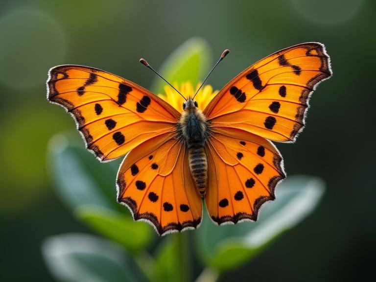 A colorful butterfly perched on a flower, showing fine details. The butterfly has orange wings with black spots. The flower has a rich texture and visible trichomes.