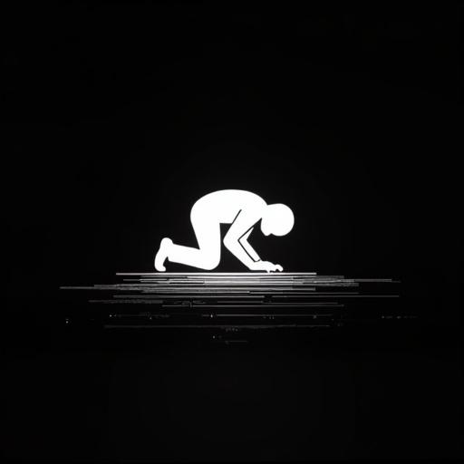 Minimalist icon representing a person bowed to the floor against a black background. Depicts disturbing VHS glitch effects with horizontal scanlines in an eerie high-resolution style. The design embodies a creepy PSA aesthetic with a surreal, unsettling atmosphere.