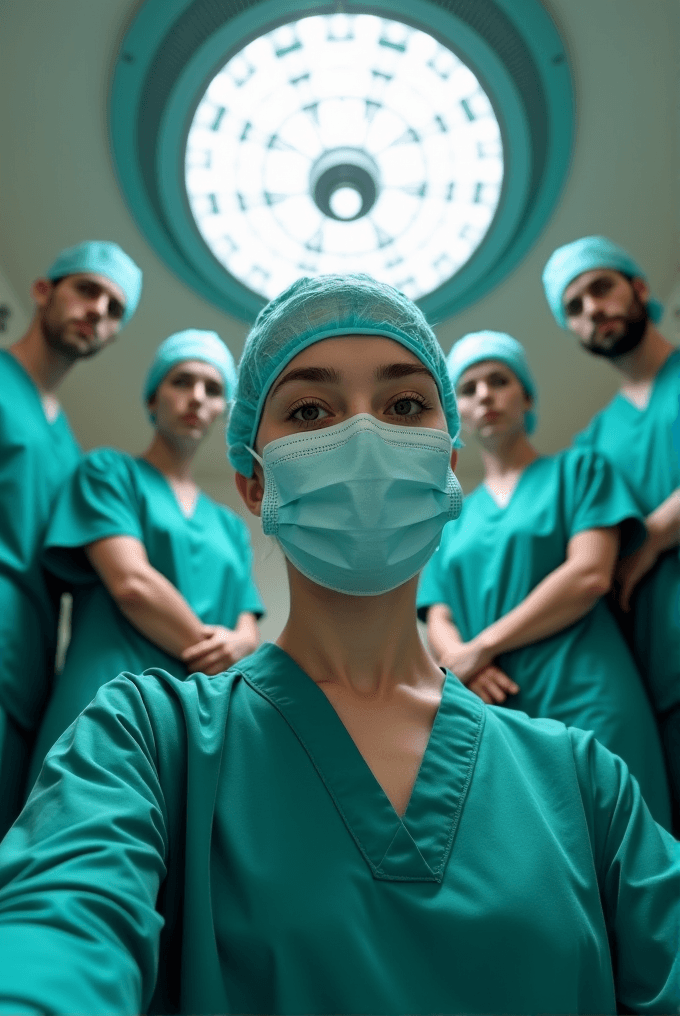 A group of surgeons in green scrubs and masks stand under a large circular ceiling light.