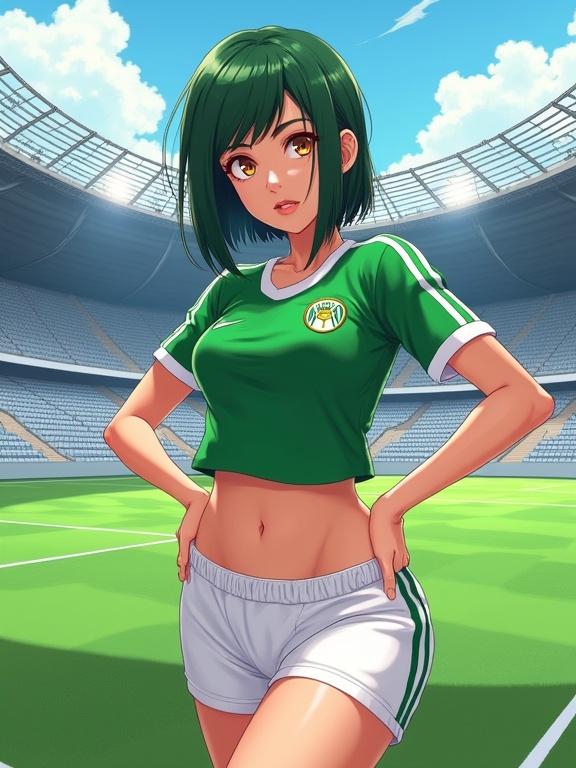 Digital anime illustration of a young female character in a green soccer jersey and white shorts. Character has bob haircut and golden eyes, posing flirtatiously in a stadium with empty seats and green pitch. Soft lighting highlights features and shadows.