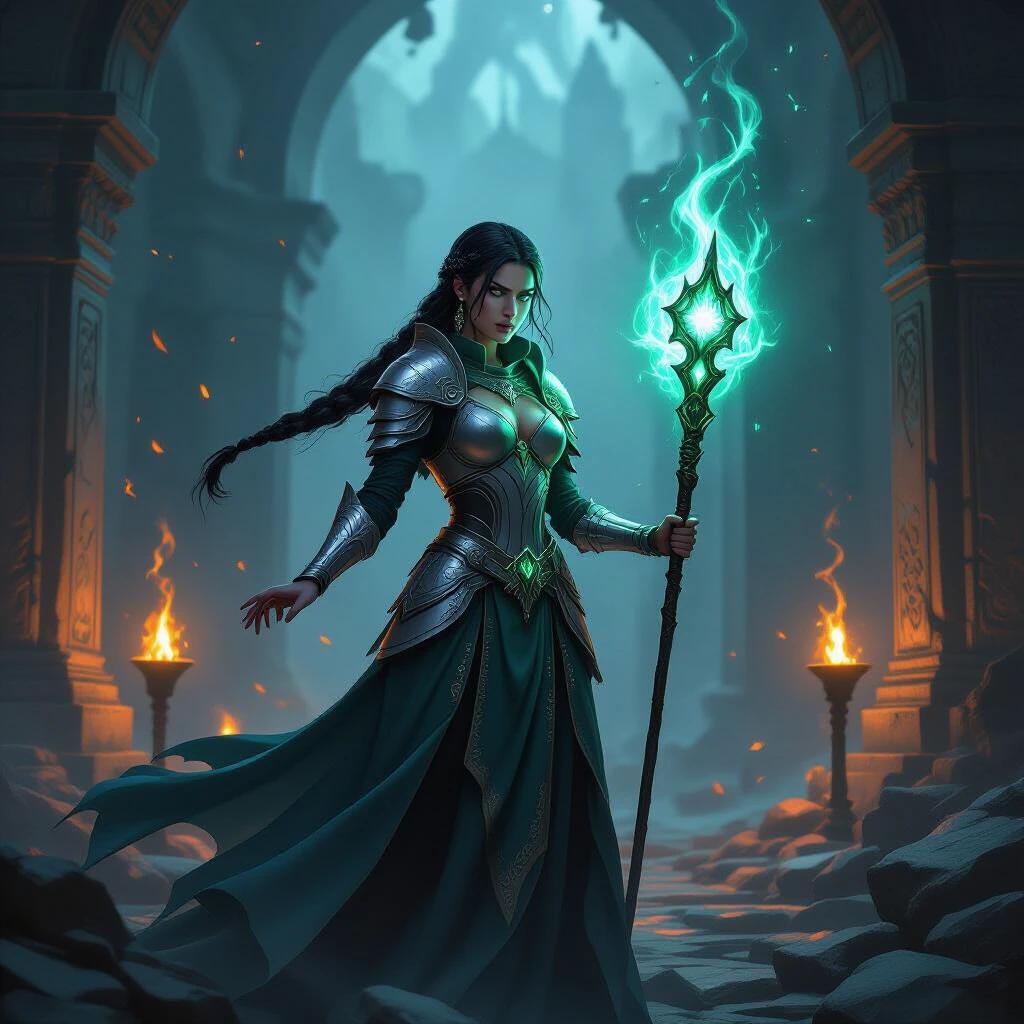 Lady Aeloria stands in a crumbling temple. Silver armor gleams under torchlight. Dark braid sways as dark magic swirls. Emerald eyes burn with resolve. She grips a staff with glowing sapphire runes. Chants a counterspell. The air crackles with energy. Temple's golden ivy pulses with life. Lush purples and silvers create a triumphant scene. Soft grain of a 35mm film still.
