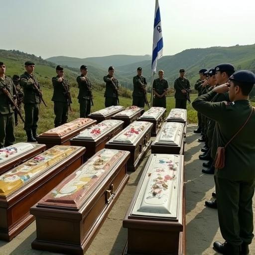 Funeral of 14 Israeli children. Soldiers in uniform perform rifle salute. Caskets displayed in a green landscape. Some caskets are ornate and some are simple. Officers present in the scene. The Israeli flag is lowered to half-mast. A moment filled with grief and respect for lost lives.