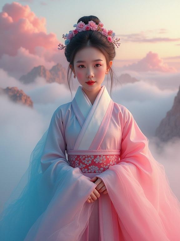 Fullbody portrait of a cute Chinese woman in traditional hanfu. Soft light highlights delicate facial features. Floral hair accessories add elegance. Graceful pose in a cultural setting. Warm pink clouds meet cosmic blue energy. Ethereal dreamscape with vibrant color split. Image showcases the beauty of nature and adventure.