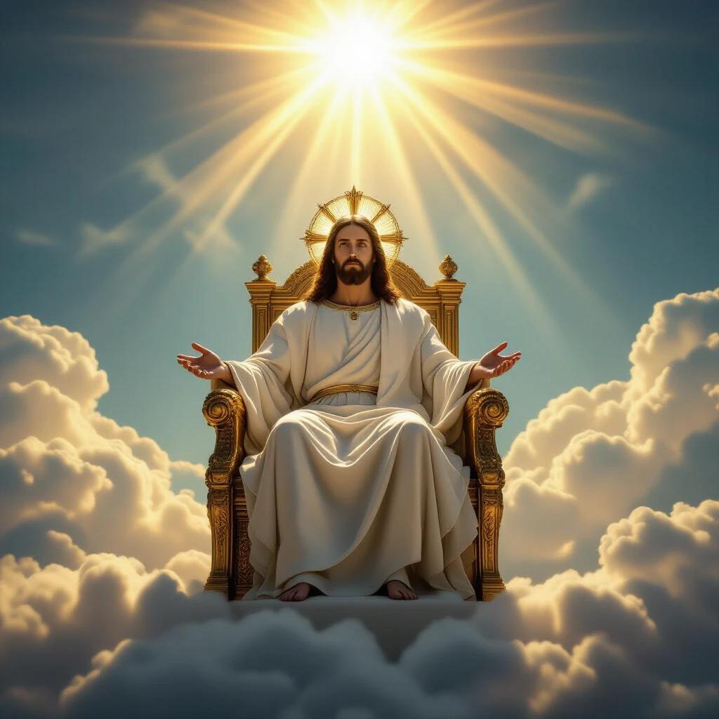 Jesus Christ seated on a golden throne in heaven. Surrounded by radiant light and clouds. Dressed in a white robe with a golden crown. Serene and powerful expression. Celestial background with a divine atmosphere. Ultra realistic in 8K with divine rays of light.