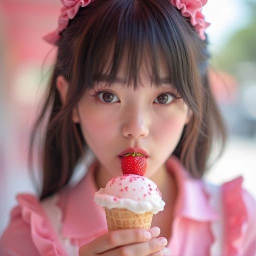Closeup of girl with dark hair in pink maid costume holding strawberry ice cream. Sweet expression, ice cream topped with strawberry, colorful background. Kawaii aesthetic.