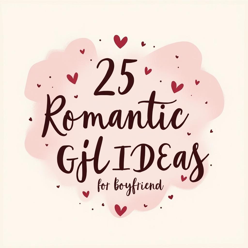 Pinterest pin displaying title about romantic gift ideas for boyfriends. Soft pink and red colors create a warm aesthetic. Design includes hearts around the text.