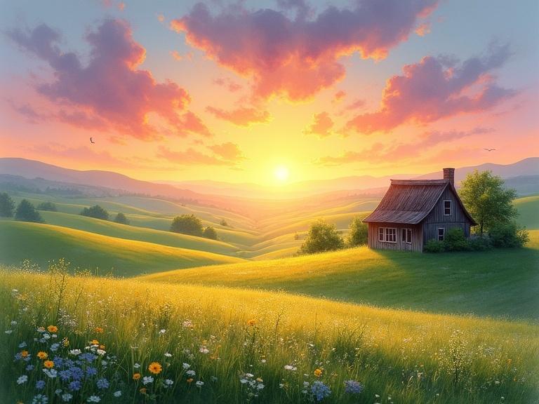 A breathtaking sunrise lights up rolling green fields dotted with wildflowers. The sky has soft pink and vibrant orange hues. A farmhouse stands quietly in the landscape. Mist lingers on the ground for tranquility. A gentle breeze rustles the leaves. This scene embodies rural life awakening to a new day.