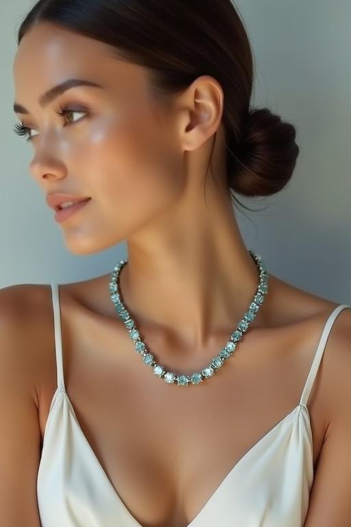Photorealistic image of refined female model in her late 20s with fair to olive skin and sleek low bun. She wears a minimalist 18k white gold tennis necklace featuring brilliant-cut aquamarines in Santa Maria hue. The model has a relaxed yet elegant posture, dressed in an ivory silk camisole. Soft natural lighting enhances the sparkle of the stones against a lightly textured gray background.