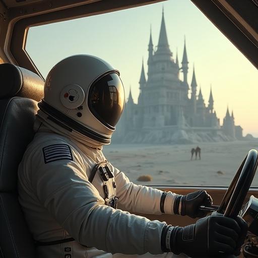 An astronaut drives a spaceship towards an alien castle.