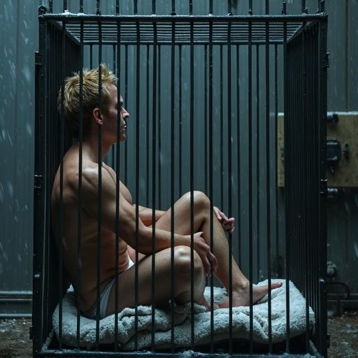 A muscular man with blond hair inside a cage made of thick iron bars. The cage is just spacious enough for sitting or lying down. The man is wearing a white t-shirt and jockstrap. Blankets are on the floor. The cage is in a poorly lit loading dock with a storm outside and snow drifting against it.