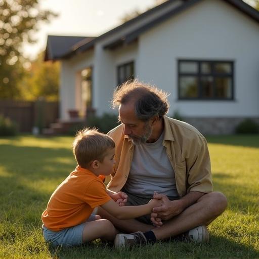 Father and son interacting outside a house. Sitting together on grass. Warm family moment. Sunlight shining. Casual clothing.