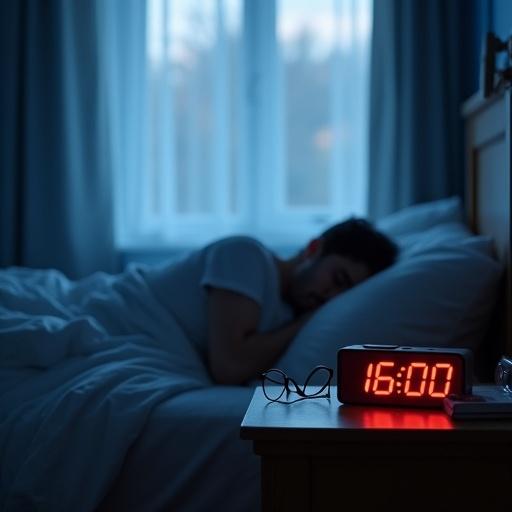A photograph captures a bedroom at dawn. Soft blue light filters through sheer curtains. A silhouette lies beneath rumpled sheets. A digital alarm clock displays 06:00 on the bedside. Nearby rests a pair of folded eyeglasses and a dog-eared paperback.