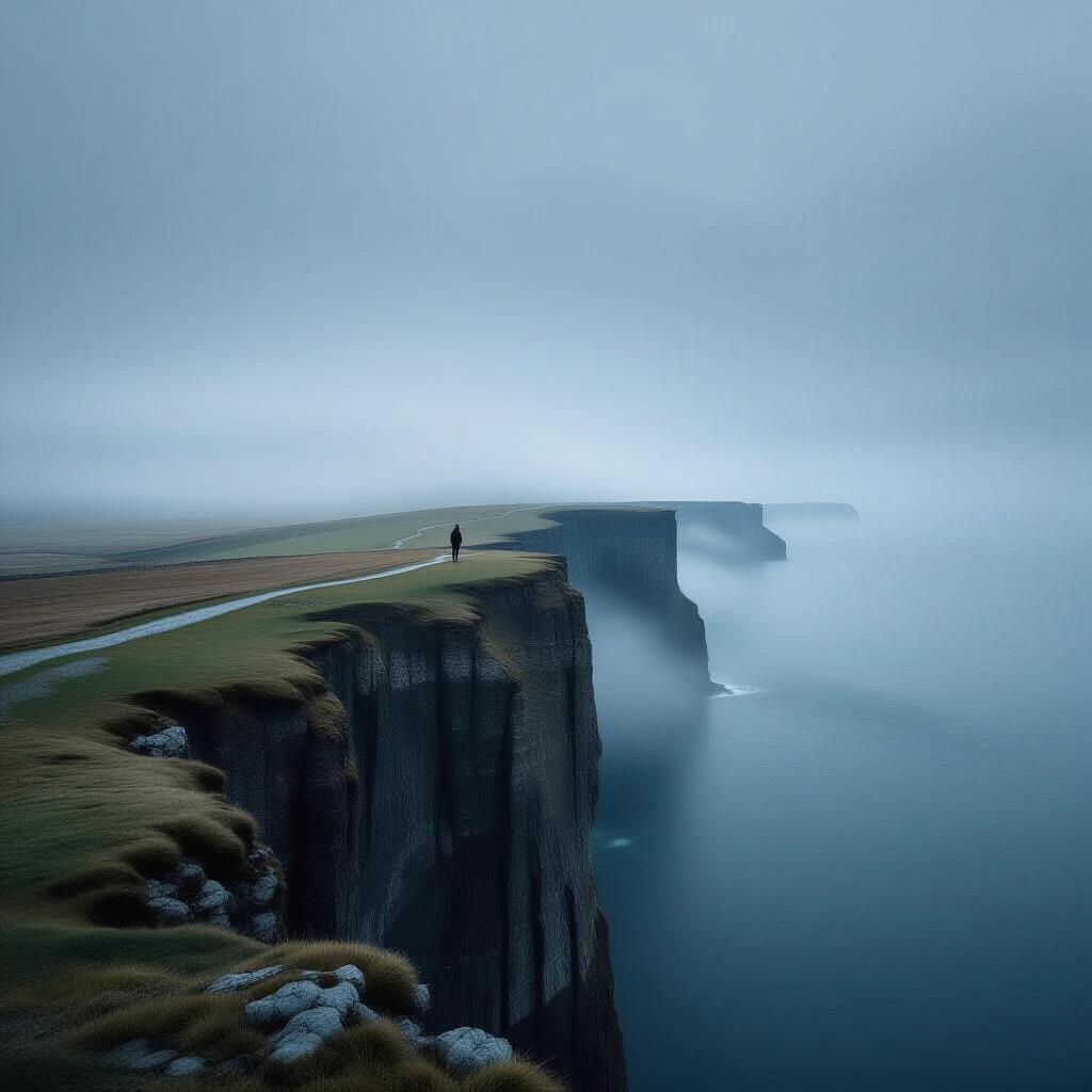 A vast melancholic landscape at the edge of a cliff overlooking an endless void. A solitary figure stands small against the immensity. Positioning uses the rule of thirds creating negative space that emphasizes isolation. The viewpoint is wide-angle to capture human scale and vast environment.