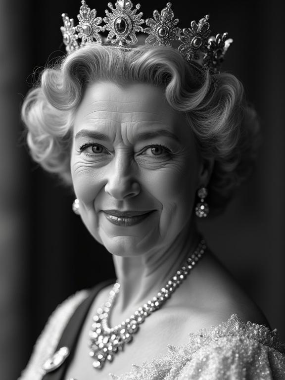 Kinematographic portrait of a queen. Dramatic close-up taken on black and white film. Silver shades in curly hair. Light creates a halo effect. Emphasized noble granularity. Detailed deep shadows. Penetrating look reflecting character. Bright eyes on dark eyelashes. Natural texture of perfect eyebrows. Deep velvety lips. Massive crown shining. Luminous precious stones. Clarity in patterns. Flowing dress with perfect folds. Contrast of light and dark. Natural movements. Artistic blur in background hinting ancient structures. Gradual light transition. Style with tactful grain.