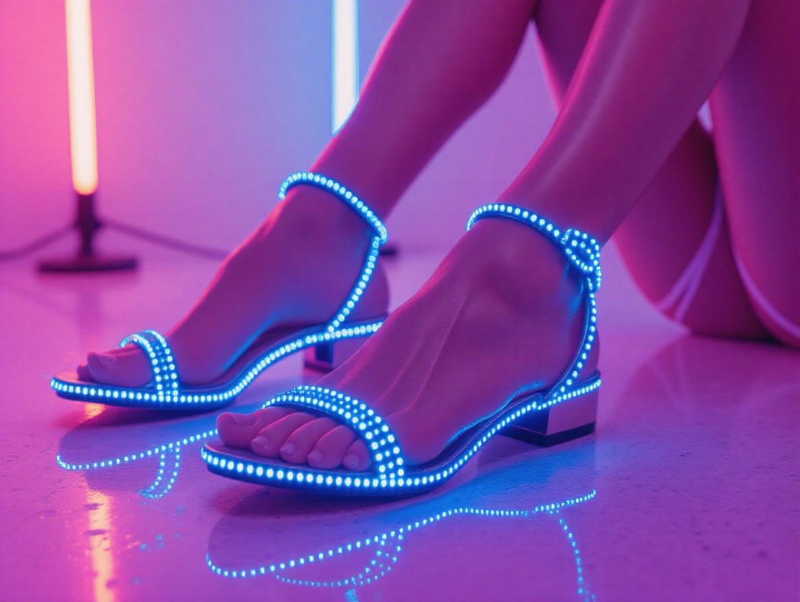 Close-up of women's feet wearing neon sandals with bright LED lights around the straps. The background has colorful neon lighting creating a fun atmosphere.