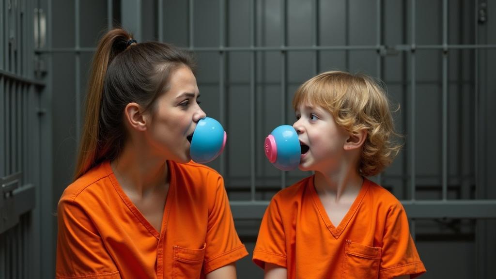 A mother and her 6 year old son sit in a jail cell. Both are in orange jail jumpsuits and use oversized pacifiers. The child has a big blue pacifier while the mother has a pink one. The mother explains prison behavior rules while pretending to be sad. They seem happy about spending time in prison.