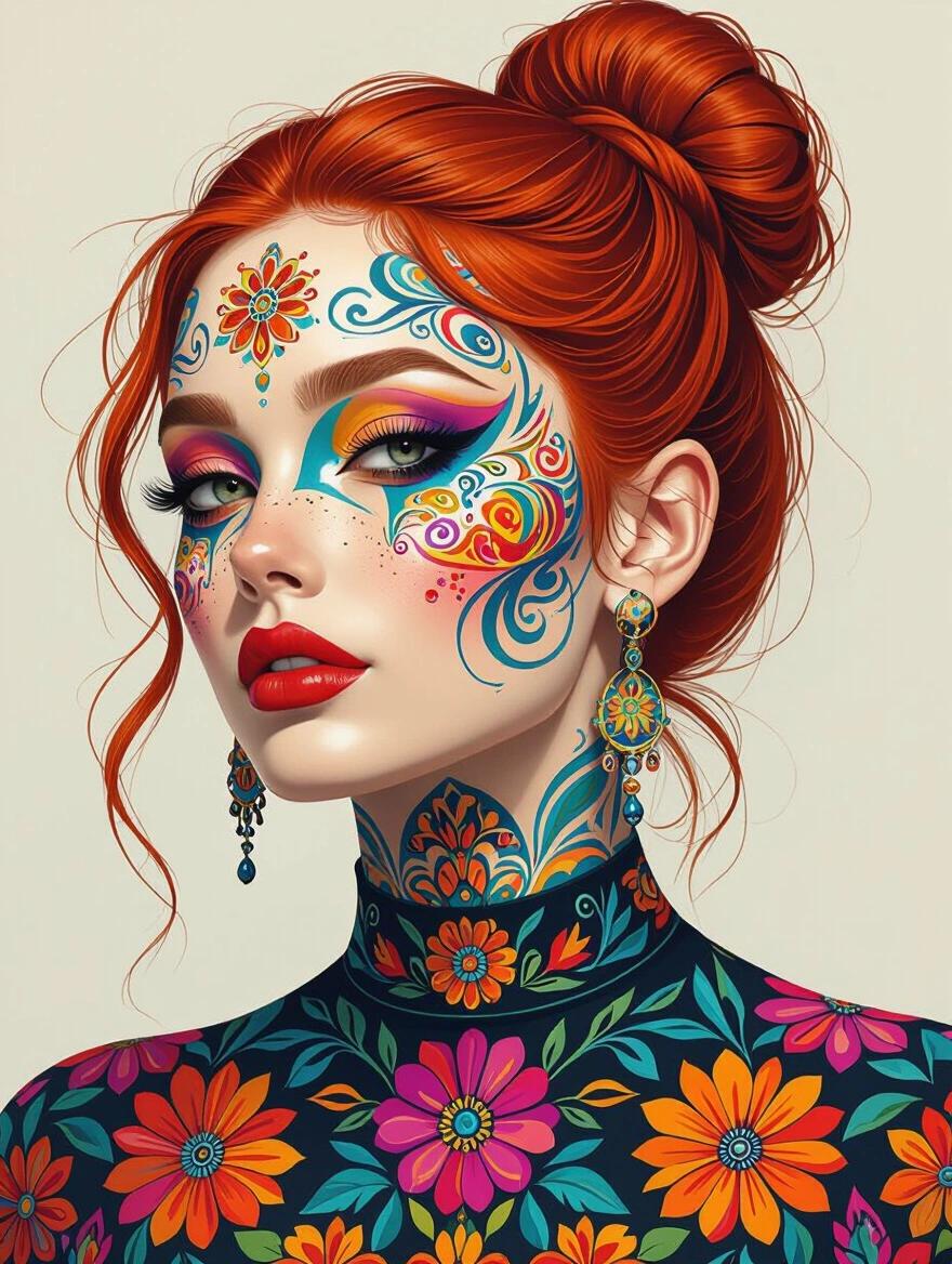 Realistic portrait of a woman with intricate patterns on her face and neck. The design features psychedelic and floral elements. Woman has red hair styled in a bun. The image showcases bright colors with lively texture.