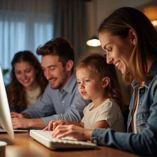 Family gathered around a computer keyboard with smiles. Parents and children engaged in activity. Cozy indoor setting with warm lighting.