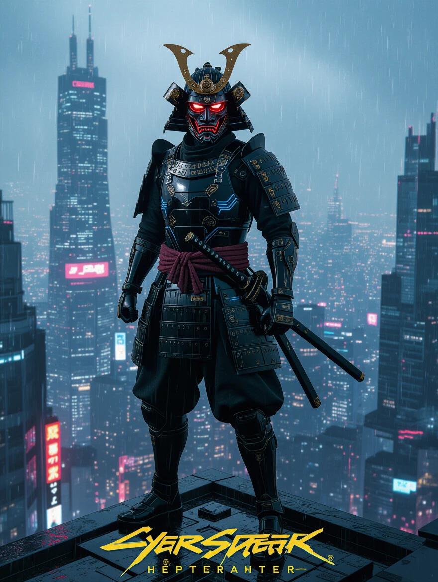 Depict a cyberpunk samurai standing on a rain-soaked skyscraper. The samurai wears high-tech armor with circuits. The background shows a sprawling city with neon lights and flying vehicles. The scene includes cinematic rain and atmospheric fog. Capture a low-angle perspective with a focus on details like the mask and katana blade. Emphasize the blend of traditional and futuristic elements.