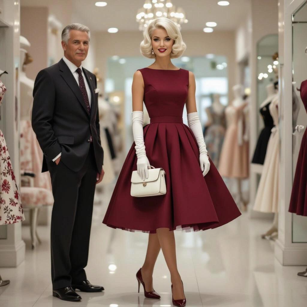 Stunning portrait of a 1960s woman with platinum blonde hair. She wears a maroon dress with petticoats and carries a white purse and gloves. An older man in a suit stands beside her. The setting is a dress boutique with elegant decor and very high heels.