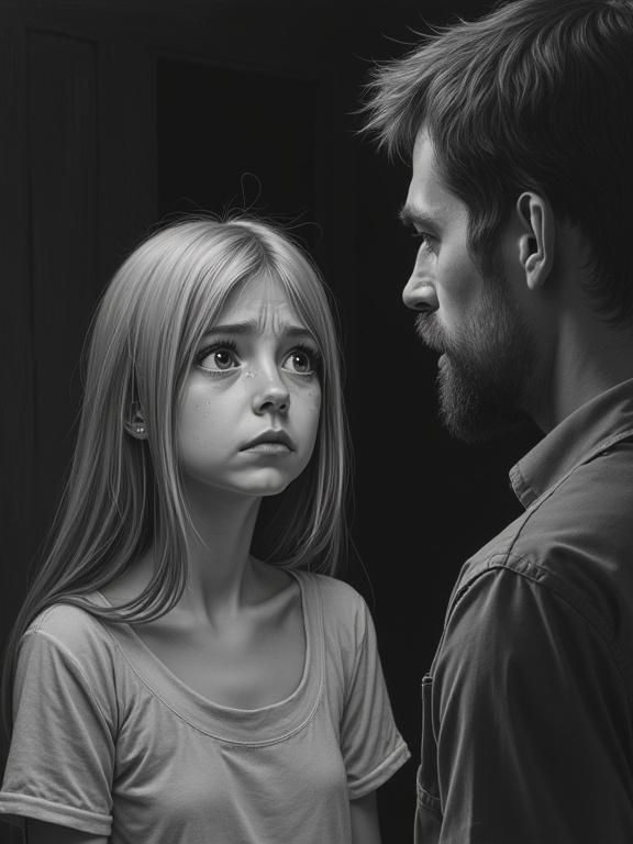 A realistic pencil drawing showing a scared girl with light hair and a fearful expression in a dark bedroom. She faces an older man during an argument, showcasing a moment of emotional intensity with visible tears and anger.