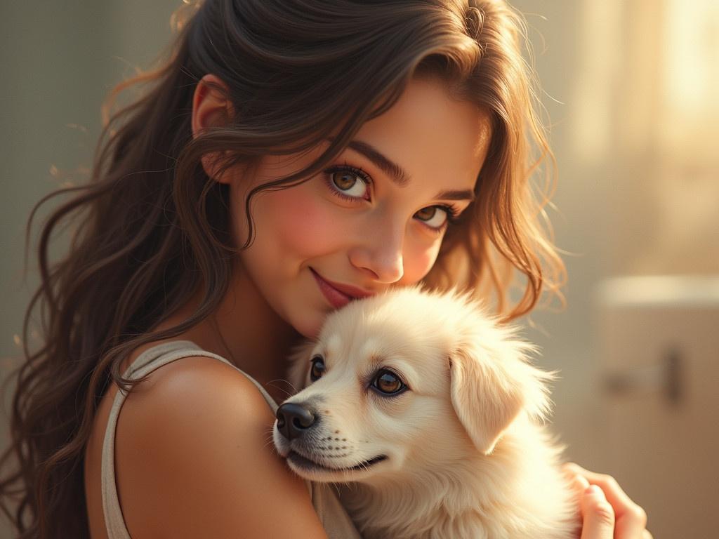 A movie poster featuring a young woman and her fluffy white dog named Canela. The woman is holding her dog close, showcasing their bond and affection. The background includes soft lighting that creates a warm and inviting atmosphere. The title 'CANELA' is prominently displayed at the top. The overall vibe is heartwarming, capturing the essence of companionship and love between a person and their pet.