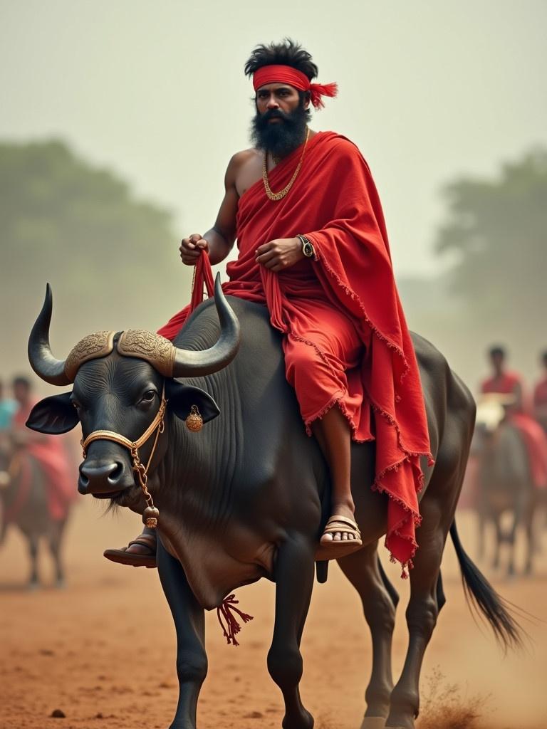 A man in a red saree riding a buffalo. The background shows a dusty field and people dressed in traditional attire. The focus is on the rider and buffalo during a rural event.