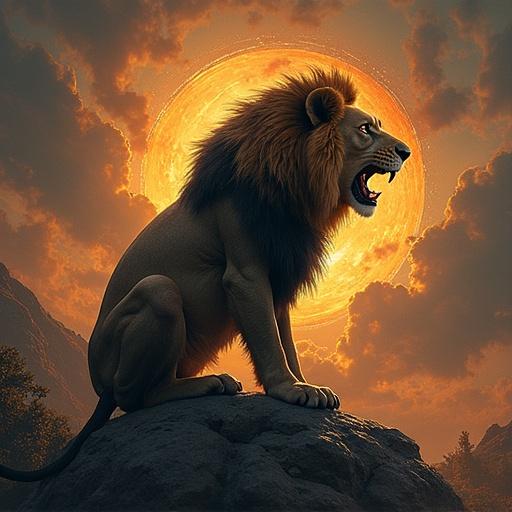 Image of a lion roaring on a rock with a dramatic sunset in the background. No text is included. Focus on strength and resilience.