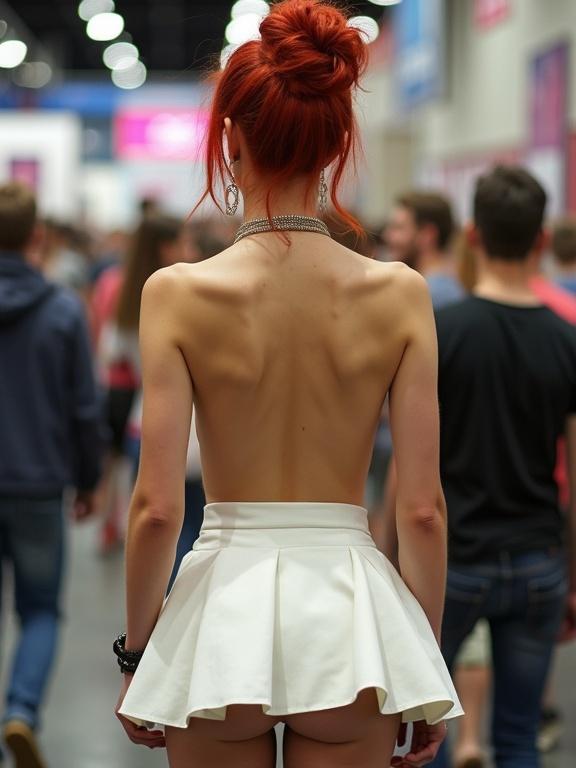 Person with red updo hairstyle in a provocative ultra low-rise micro skirt at a comic convention. Back view shows navel and pelvic area. Image is pixelated and low resolution with bright, unnatural colors, resembling early Instagram photos.