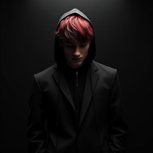 Young European man with short hair. One side red; other side dark brown. Wearing black Louise Vuitton suit. Looking down with hood. Full body view. Dark background with soft light.