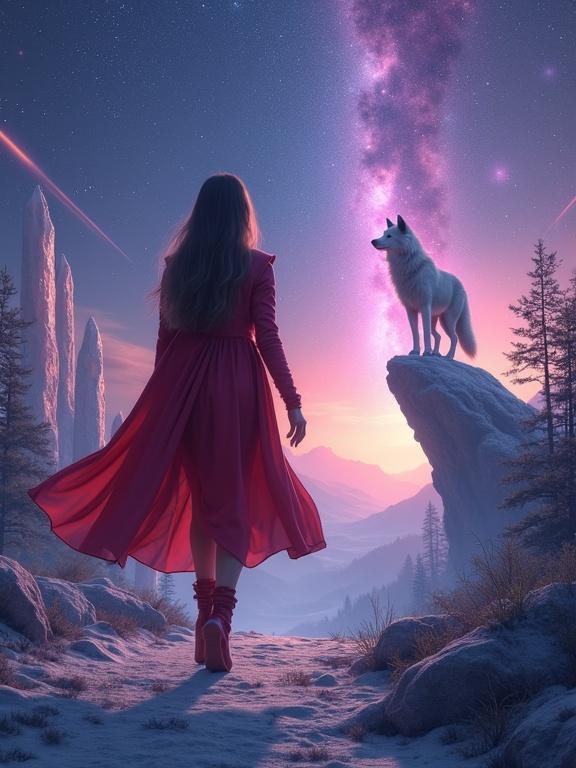 A girl with a flowing red cape and space boots walks through a lunar forest. Crystal trees surround her. A wolf made of nebulas watches from a floating rock. The sky features shooting stars and violet auroras.