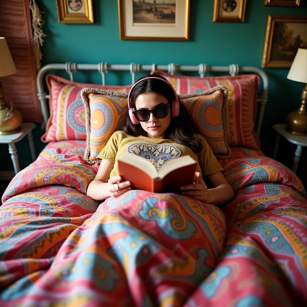 Bohemian styled bedroom with a bed in the center with bold, colorful bedsheets and duvet. A woman is lounging in the bed covered by the sheets, wearing sunglasses and headphones, reading a book.