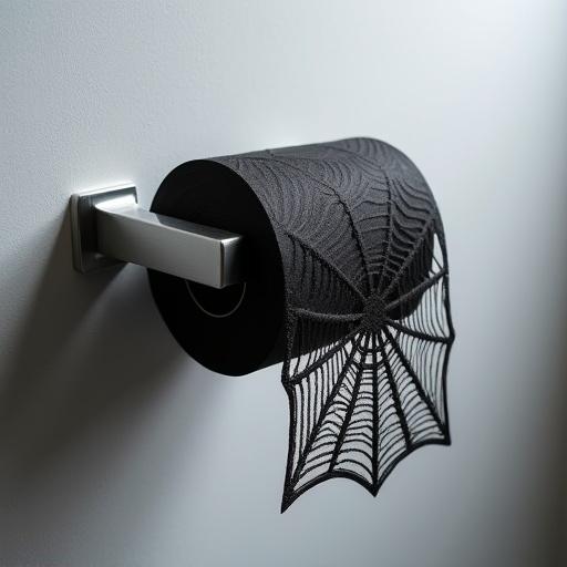 Photograph of a metallic toilet paper holder on a light gray wall with black toilet paper unrolling into an intricate spiderweb pattern. Soft lighting enhances the textures and contrasts between design and nature. Elegant signature in the corner.