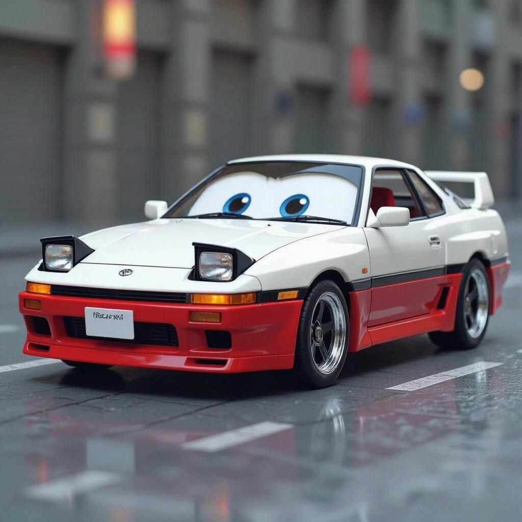 A toyota supra mk3 from the 1980s depicted as an anime character. The car has a human face with large expressive eyes.